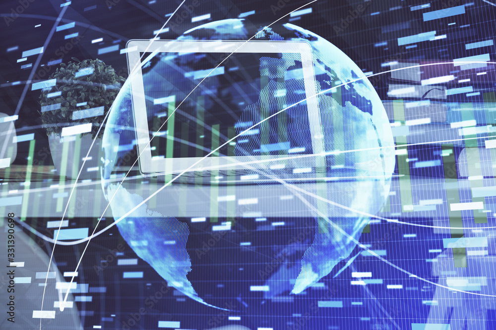 Double exposure of business theme icons and work space with computer background. Concept of success. Double exposure of business theme icons and work space with computer background. Concept of success.