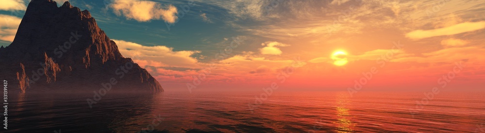 Beautiful sea sunset near the rocks, panorama of the sea landscape at sunrise. 3d rendering.