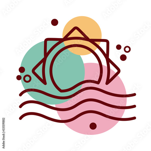 sun with sea waves line and color style icon