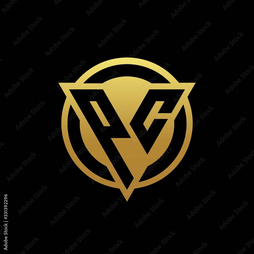 PC logo monogram with triangle shape and circle rounded isolated on gold colors PC logo monogram with triangle shape and circle rounded isolated on gold colors
