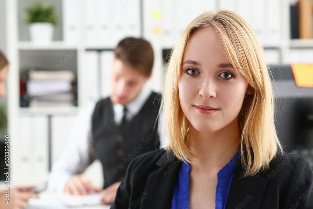 Beautiful smiling businesswoman portrait at workplace look in camera. White collar worker at workspace exchange market job offer certified public accountant internal Revenue officer concept Beautiful smiling businesswoman portrait at workplace look in camera. White collar worker at workspace exchange market job offer certified public accountant internal Revenue officer concept