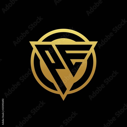 PE logo monogram with triangle shape and circle rounded isolated on gold colors