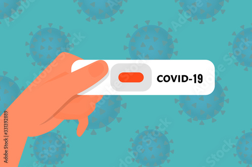 Human hand holds Test for coronavirus 2019. On blue gradient background, flat vector illustration
