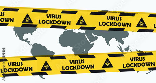 Virus lockdown barrier tape over world map. Coronavirus pandemic. Covid19