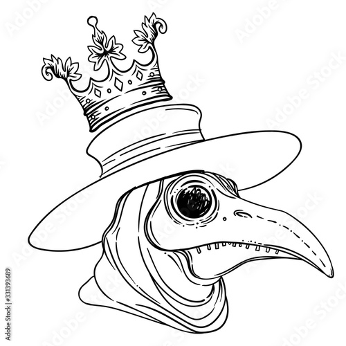 Vector gothic illustration of plague doctor. Tattoo art. Sketchy style. Medieval venetian scary bird mask. Alchemy, tattoo art, t-shirt design. Medieval medicine.