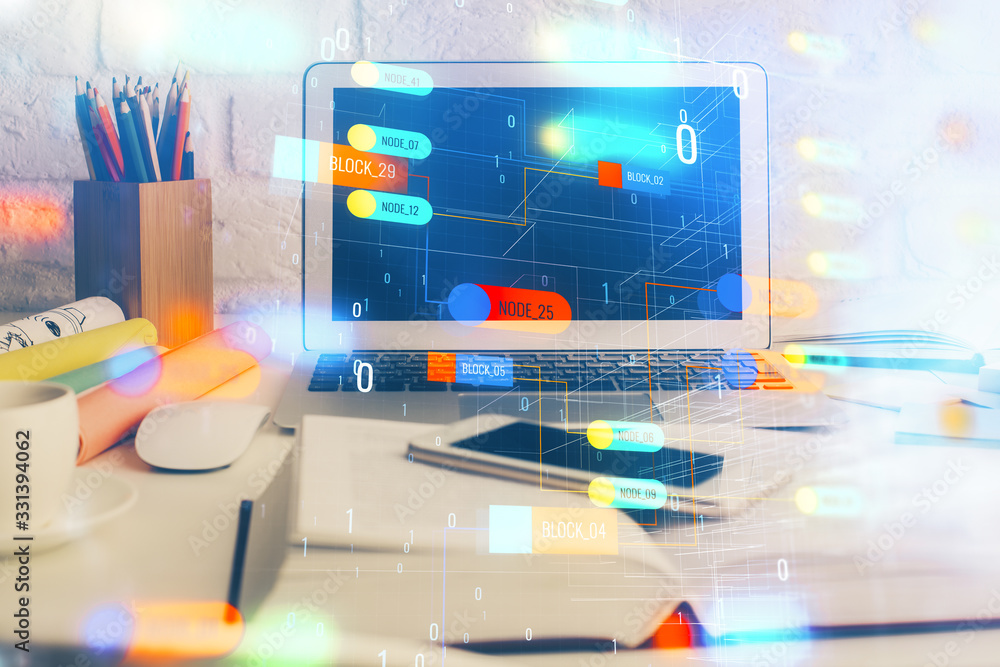 Multi exposure of desktop computer and technology theme hologram. Concept of software development. Multi exposure of desktop computer and technology theme hologram. Concept of software development.