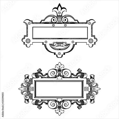 Cartouche for an old geographical map. Ancient frame for the signature. Baroque, Rococo style. Hand-drawn sketch vector