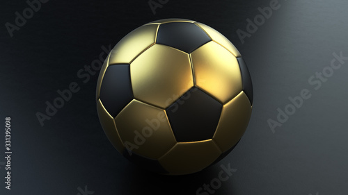 3d render of a leather soccer ball with a golden pentagon on the black background.