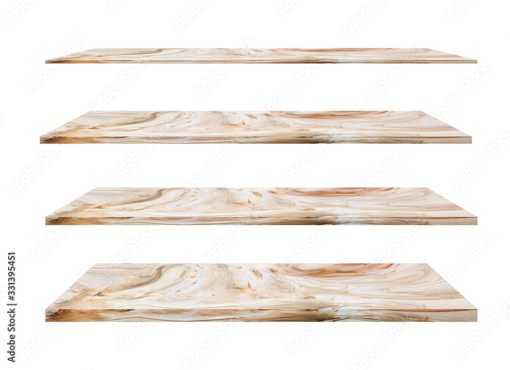 Isolated collection empty top of  of perspective luxury brown granite marble shelves on white background use for showing product advertisement. Clipping path.
