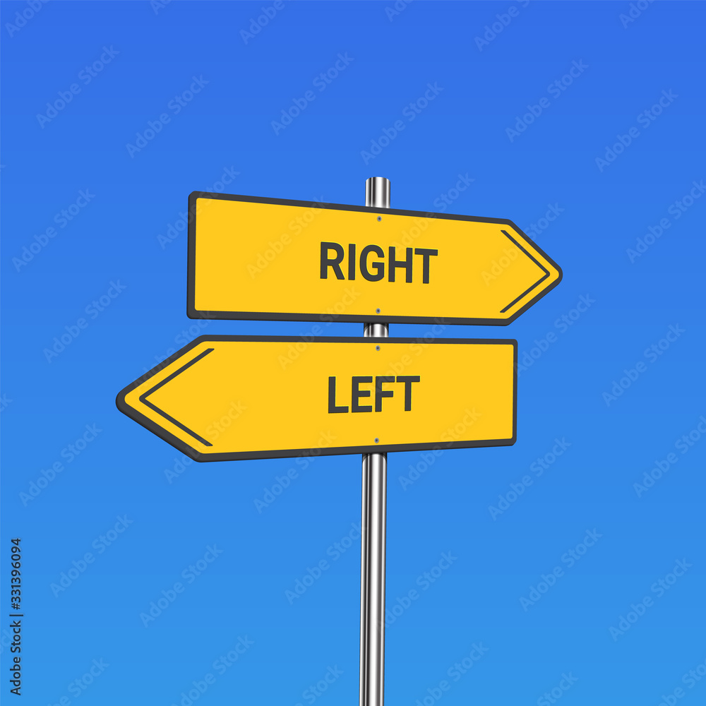 Yellow road signs with 'left/right' text on a pole, vector illustration