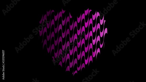 Liquid heart shape animation with purple wavy print on the black background. 4k Valentine day looped animation. Usable for backgrounds, love story, banners, websites, social media, likes