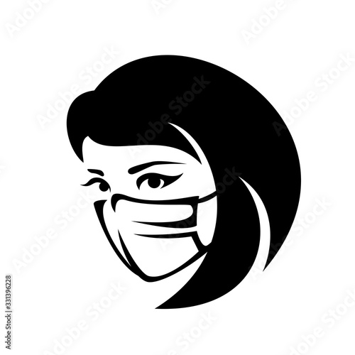 woman wearing protecting medical mask to avoid virus infection - black and white head portrait vector outline