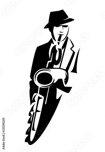 man playing saxophone - jazz musician wearing hat black and white vector portrait