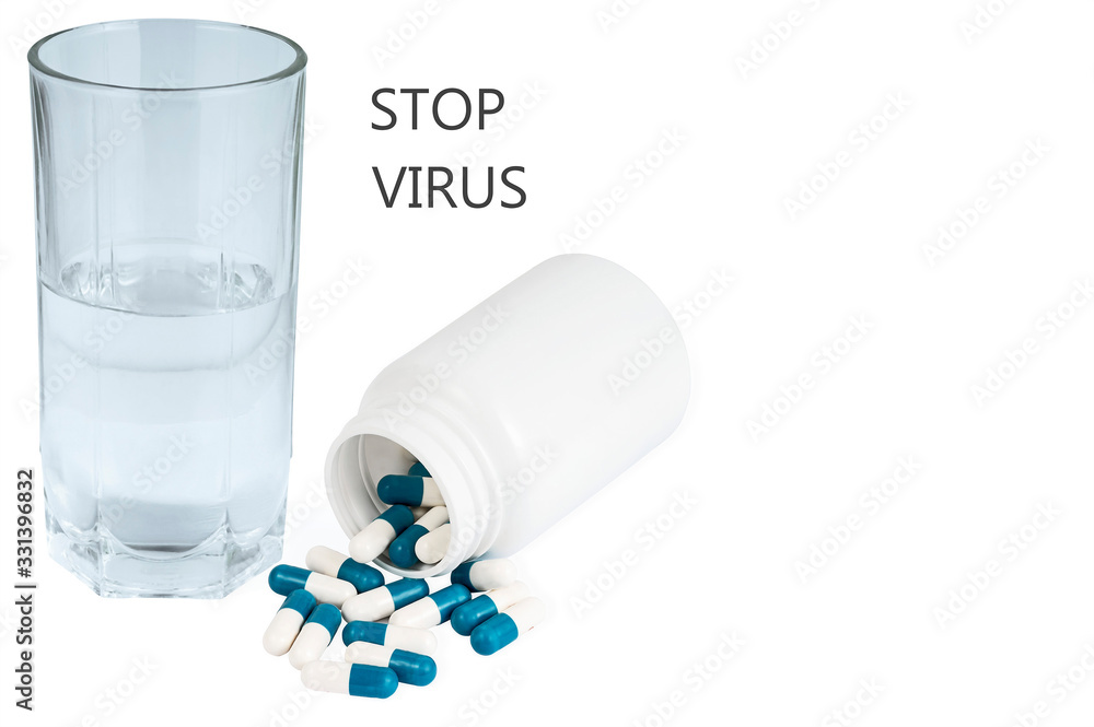 white plastic container with pills and glass of water isolated on white background