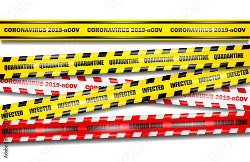Coronavirus 2019-nCOV realistic seamless yellow and red tapes on isolated background, set coronavirus tapes, realistic vector illustration