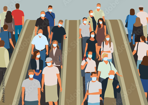 People in medical masks ride on an escalator. Vector hand drawing