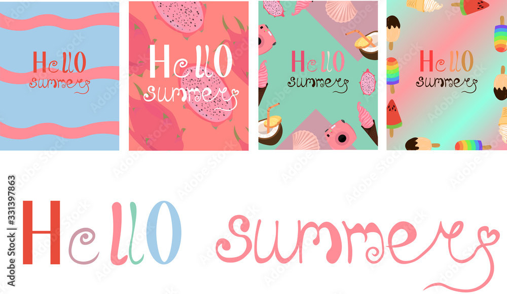 Set of summer cards, flyers. Hello summer. Lettering, calligraphy. Fruit, sea and relaxation. Set of summer cards, flyers. Hello summer. Lettering, calligraphy. Fruit, sea and relaxation.