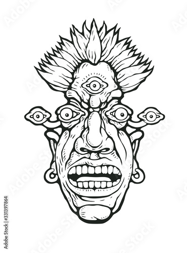 A crazy character with five eyes. Symbol for t-shirt print or tattoo. Vector illustration.