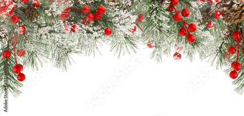 Christmas winter frame of green fir or spruce branches with snow, red berries and cones isolated on white background, copy space