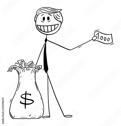 Vector illustration of rich banker,politician or man giving money away, using helicopter money or quantitative easing during recession.Lottery or success concept.