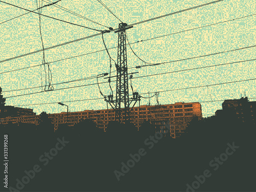 Silhouettes of  railway poles, cables and grunge textures. retro style. vector illustration. 