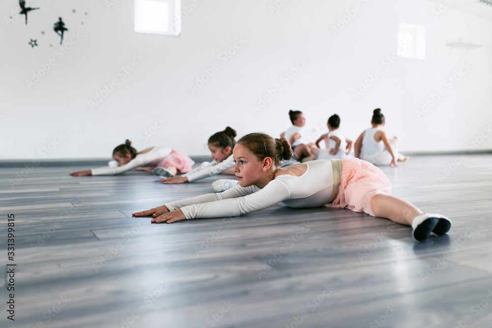 Fototapeta premium Group of beautiful little girls practicing ballet at dancing class.