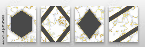 Vector vertical invitation cards set with grey gold marble texture and dark frames. Luxury marble design for funeral ceremony invitation. Vector illustration EPS 10