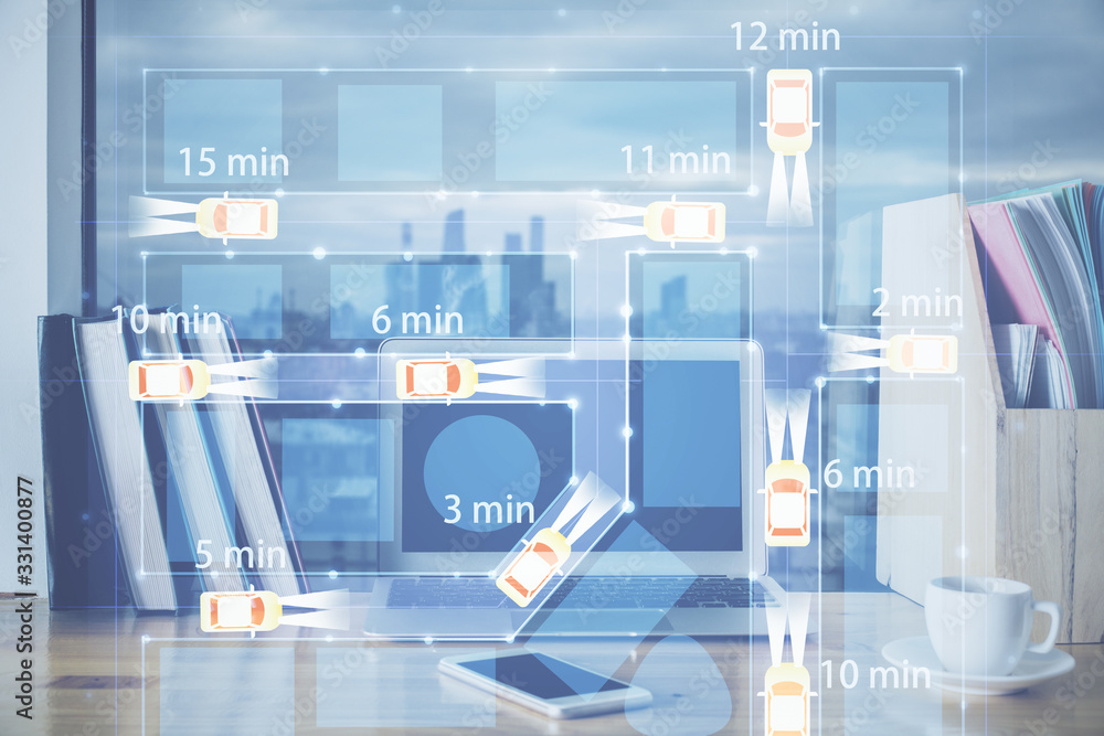 Desktop computer background in office with automobile hologram drawing. Multi exposure. Tech concept. Desktop computer background in office with automobile hologram drawing. Multi exposure. Tech concept.