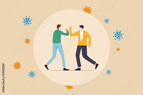 Social distancing, people keep distance and avoid physical contact, handshake or hand touch to protect from COVID-19 coronavirus spreading concept, people bump arm or elbow bump with virus pathogens