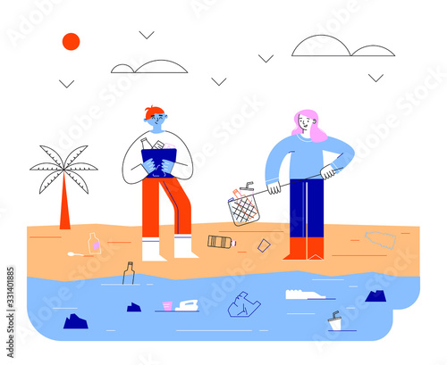 llustration with happy people cleaning the beach. Man holding box with garbage. Ocean pollution with plastic waste. Woman holding net with garbage.
