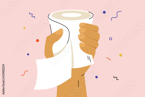 Human hand holding toilet paper. Grabbing last one roll in supermarket. People panic in store due to coronavirus, quarantine. Stomach upset, indigestion or bowel problems concept. Vector illustration