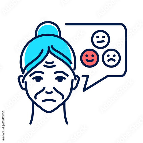 Old woman with speech bubble unfounded emotions line color icon. Mood change. Brain disease dementia. Sign for web page, mobile app, button, logo. Editable stroke