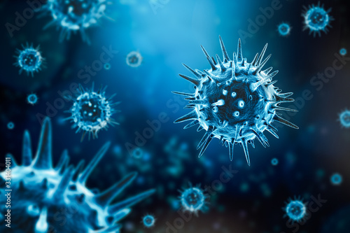 Microscopic generic virus cell 3D rendering illustration on a blue background. Microbiology, contagion, infection, epidemic, coronavirus, medicine, pathology or disease concepts.