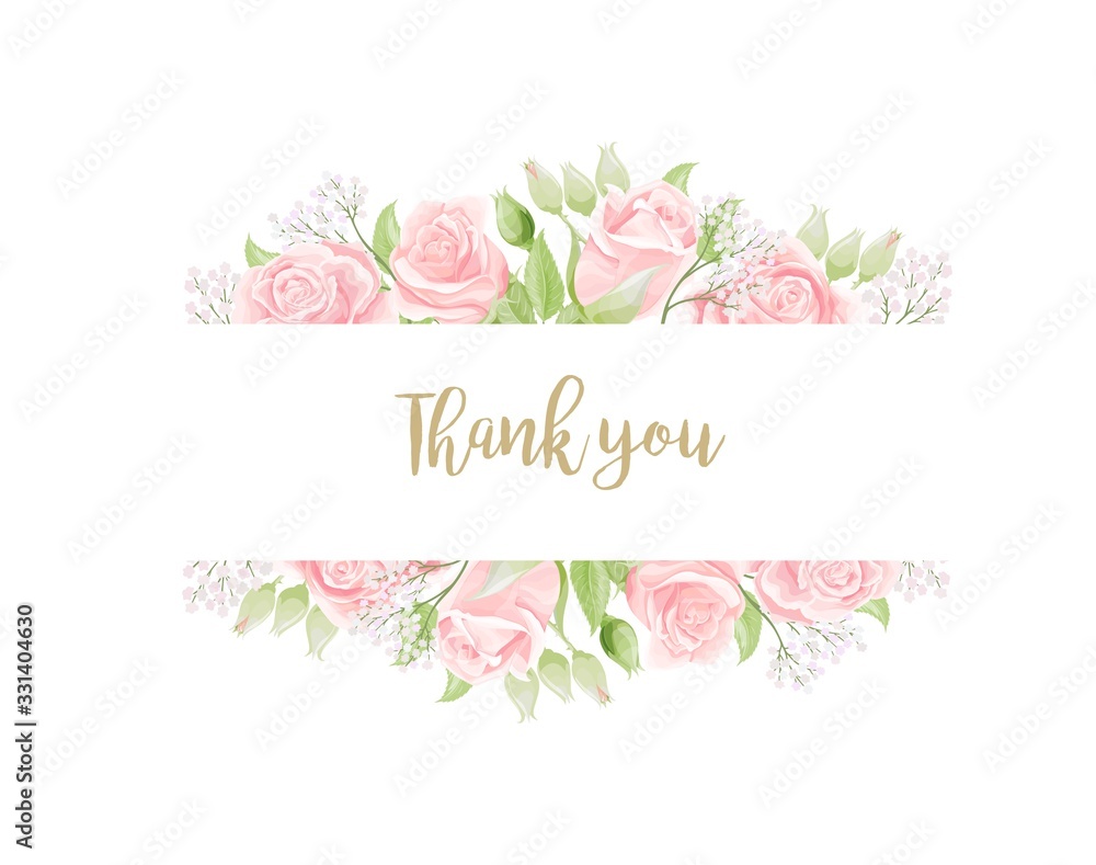 Thank You invitation card template with beautiful pink roses