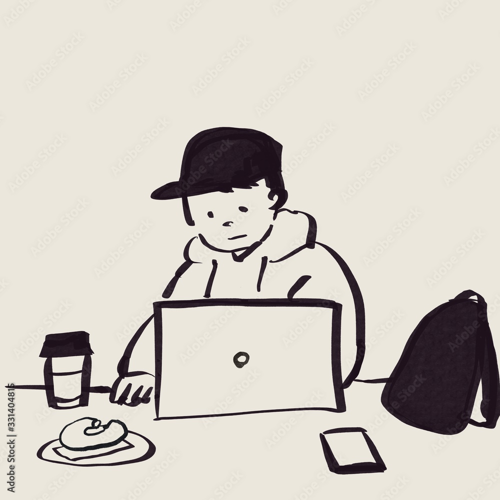 カフェでパソコン作業する若者(モノクロ) カフェでパソコン作業する若者(モノクロ)