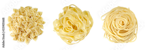 Fettuccine, Farfalle, spaghetti on a white background