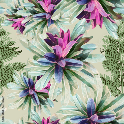 Tropical plants seamless pattern  colored flowers.