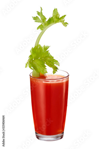 Bloody Mary cocktail with a celery twig is contained in a highball glass. The bright illustrative picture is made on the white background. 