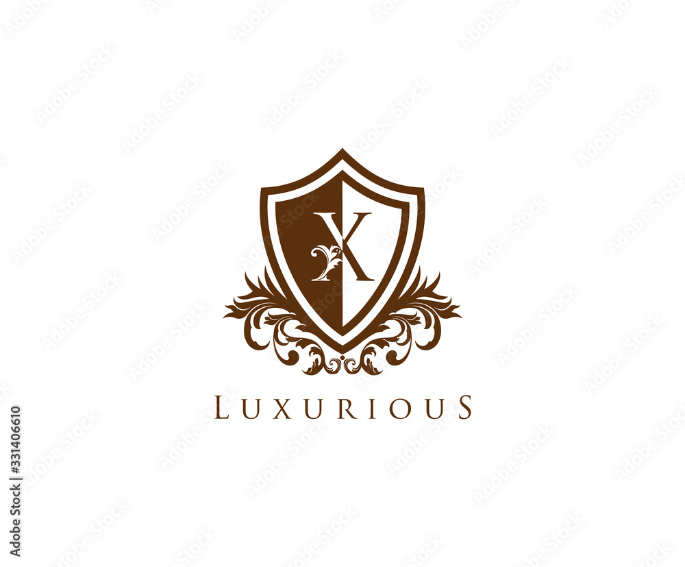 Fototapeta premium Vintage Letter X Logo. Shield X Letter Design Vector with shield shaper and Floral Hand Drawn.