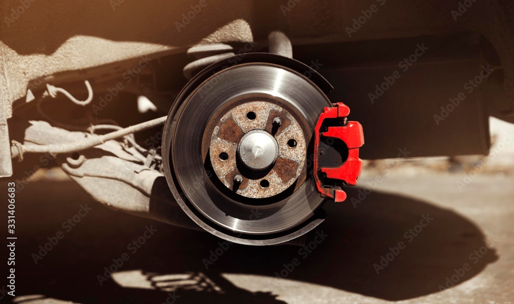 Car disk. Close up. Red break. Car mehanic. Car fix Car disk. Close up. Red break. Car mehanic. Car fix