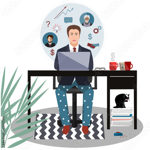 Businessman in a suit jacket and pajama bottoms working from home using laptop computer. Covid or coronavirus quarantine concept, self isolation. Vector flat style illustration isolated on white