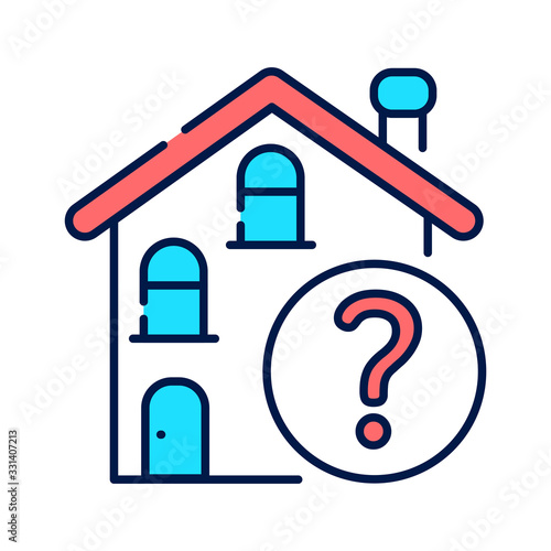 Residential building with a question mark line color icon. Confusion with location. Dementia symptom. Memory loss. Sign for web page, mobile app, button, logo. Editable stroke.