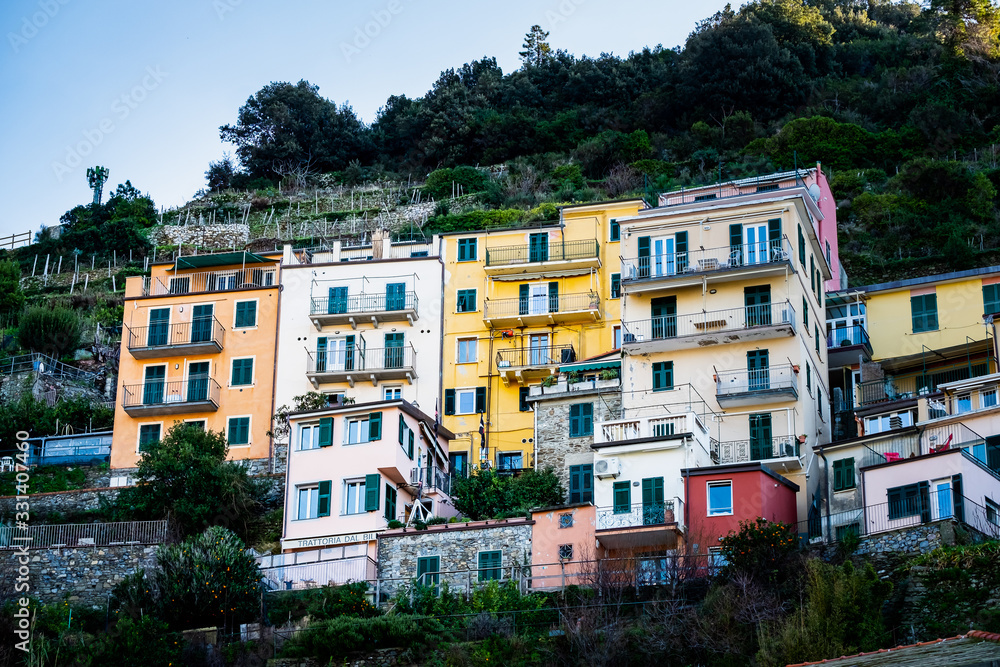 Ruelle de Manarola avec maisons colorées, village typique des Cinque Terre, Italie