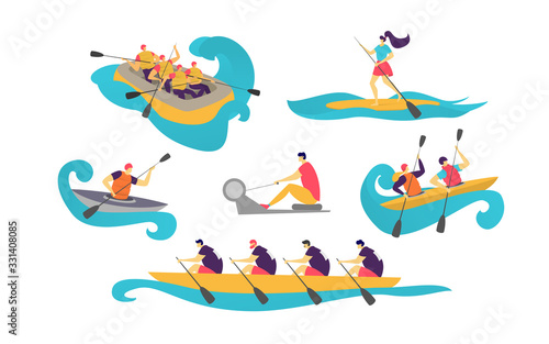 People sport team in boat on water women, man boating with paddle in canoe tourism vector illustration isolated on white. Lifestyle activity sportsman canoeing on river in protective vests, sit, stand