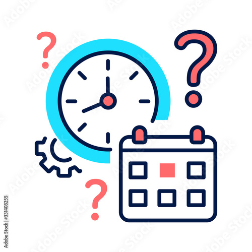 Clock and calendar with a question mark line color icon. Confusion with time and date. Dementia symptom. Memory loss. Sign for web page, mobile app, button, logo. Editable stroke.