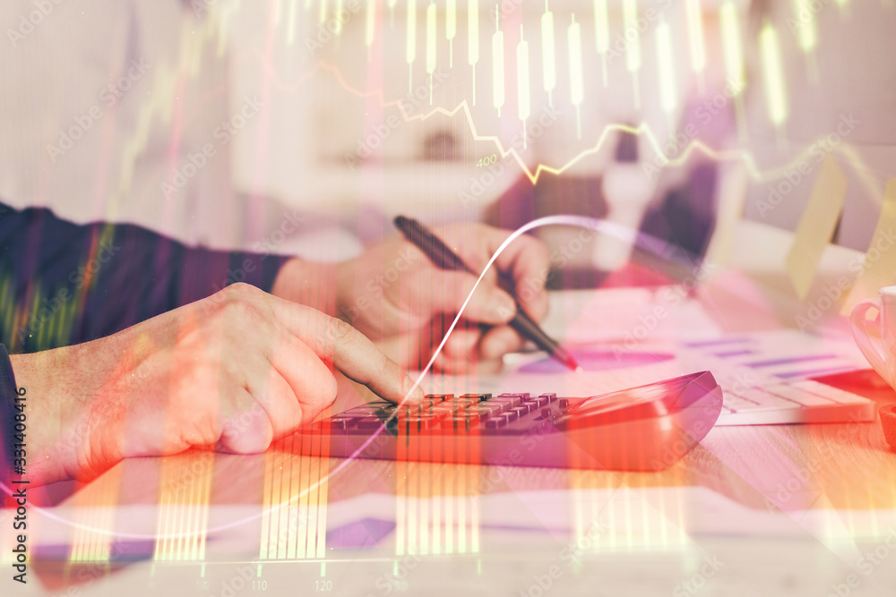 Fototapeta premium Financial trading graph multi exposure with man desktop background.