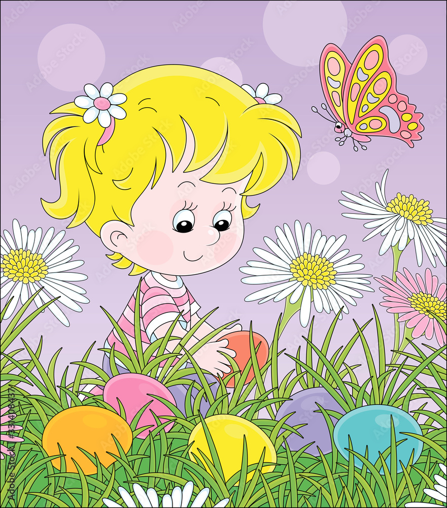 Eater egg hunt. Happy little girl seeking colorfully painted eggs among grass and flowers on a green field at a traditional spring festival, vector cartoon illustration Eater egg hunt. Happy little girl seeking colorfully painted eggs among grass and flowers on a green field at a traditional spring festival, vector cartoon illustration