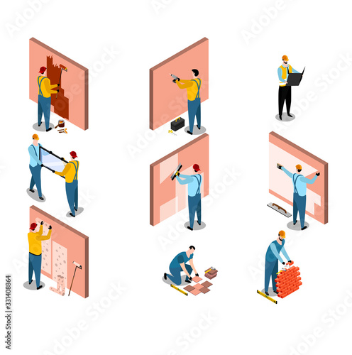 Isometric builder architect set with building worker characters vector illustration isolated on white. People builds, lay tiles, bricks, wallpapering, glass window with brush, drill, wallpaper, roller