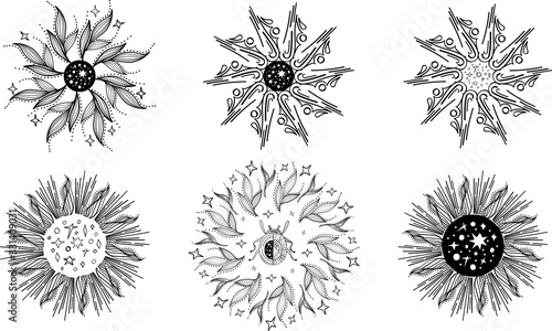 Vector set of Sacred celestial and natural mandala on white background. Abstract mystic signs collection. Black linear mandala. Magic objects made in linear style. For you design or modern magic craft