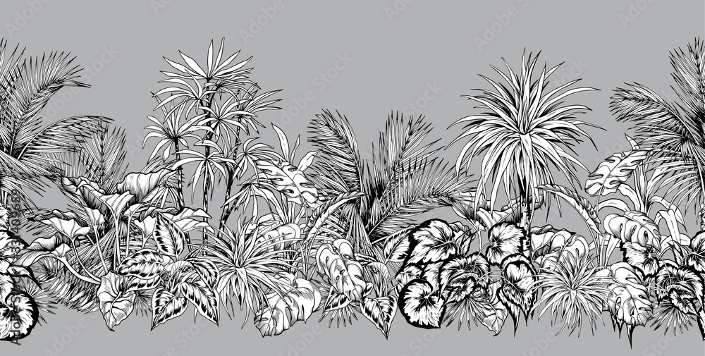 Fototapeta premium Seamless horizontal border with sketchy palm trees and tropical foliage.